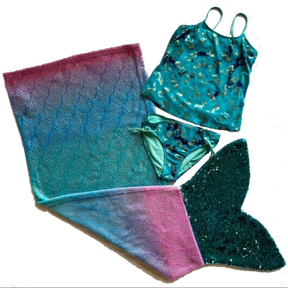 Mermaid🧜‍♀️Cozy Swim BUNDLE Fleece/Sequence Tail Blanket w/2 piece suit Sz 14